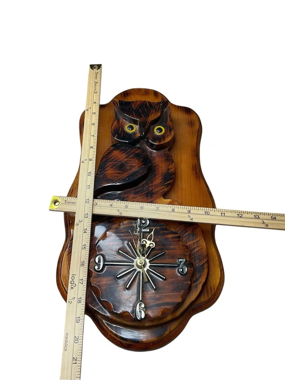 Vintage Hand Carved Owl Wall Clock Wood Mid Century Style Quartz Hanging Decor
